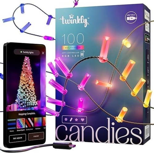 Twinkly Candies – 100 Lampki w kształcie świeczki RGB LEDs, zielony przewód, USB-C