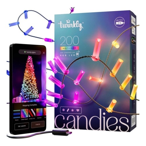 Twinkly Candies – 200 Lampki w kształcie świeczki RGB LEDs, zielony przewód, USB-C