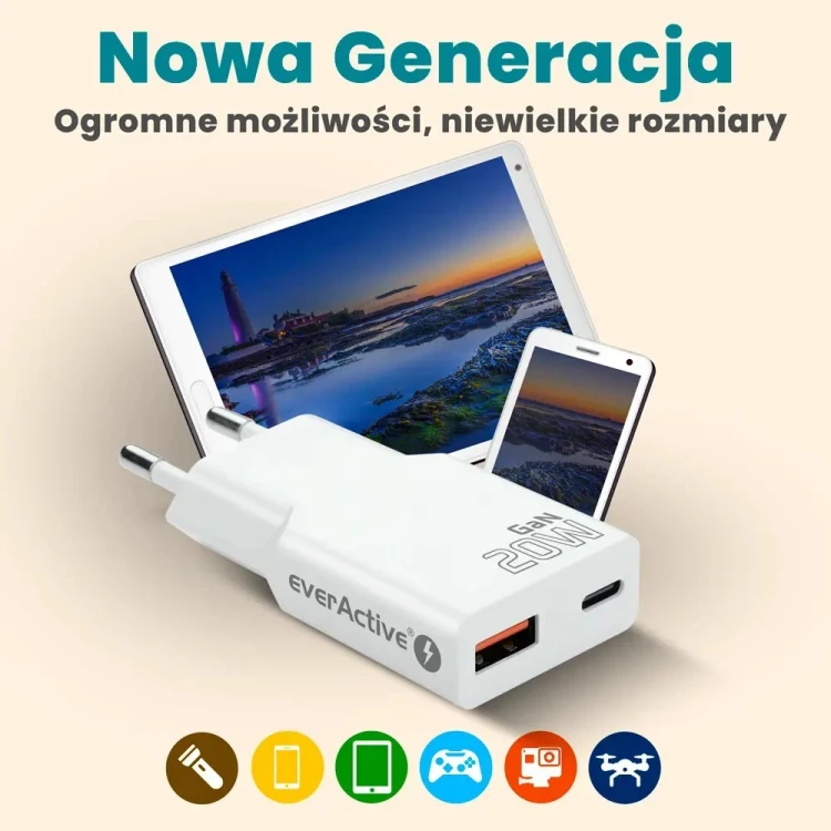 EVERACTIVE ŁADOWARKA SIECIOWA 1 X USB, 1 X USB-C QUICK CHARGE 3.0 20W SUPER SLIM BIAŁA SC-340Q