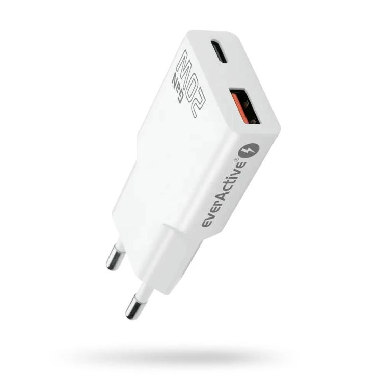 EVERACTIVE ŁADOWARKA SIECIOWA 1 X USB, 1 X USB-C QUICK CHARGE 3.0 20W SUPER SLIM BIAŁA SC-340Q
