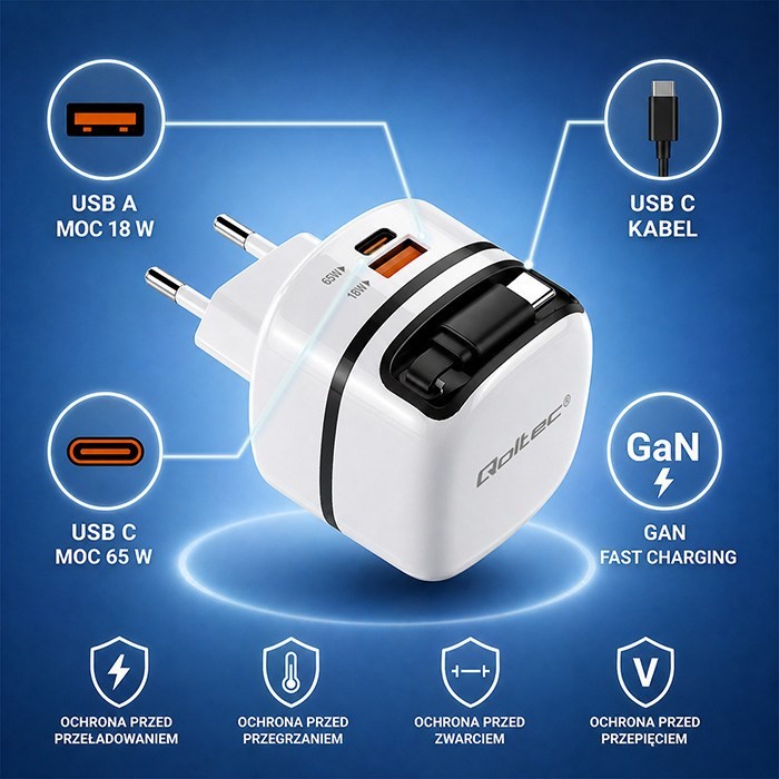 QOLTEC ŁADOWARKA SIECIOWA GAN 65W | USB-C PD PPS | 5-20V | 3-3.25A