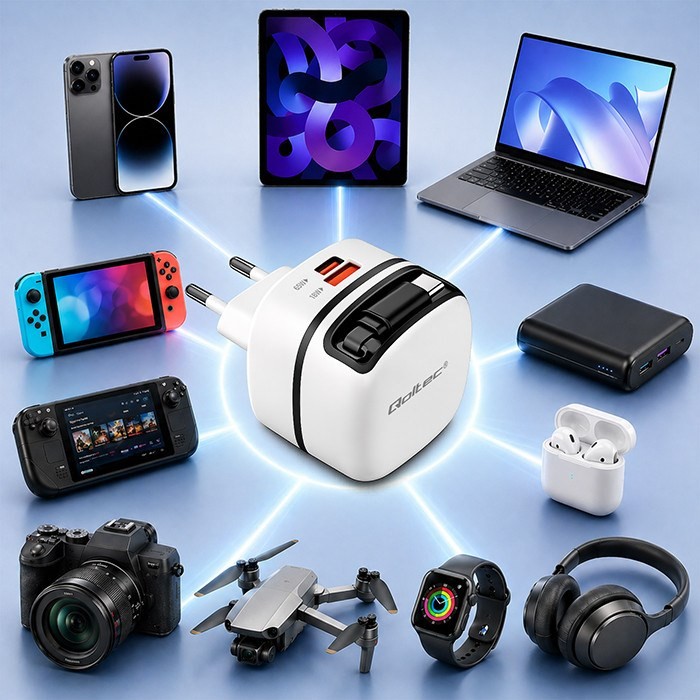 QOLTEC ŁADOWARKA SIECIOWA GAN 65W | USB-C PD PPS | 5-20V | 3-3.25A