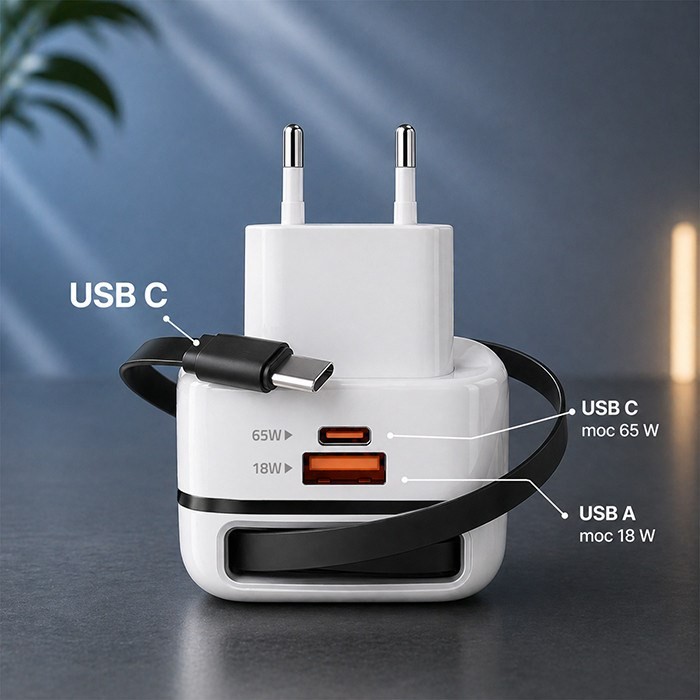 QOLTEC ŁADOWARKA SIECIOWA GAN 65W | USB-C PD PPS | 5-20V | 3-3.25A