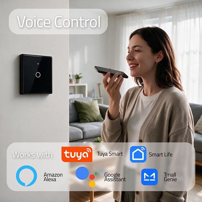 QOLTEC WŁĄCZNIK/WYŁĄCZNIK ŚWIATŁA | DOTYKOWY 1-KANAŁOWY | WI-FI | TIMER | TUYA | CZARNY