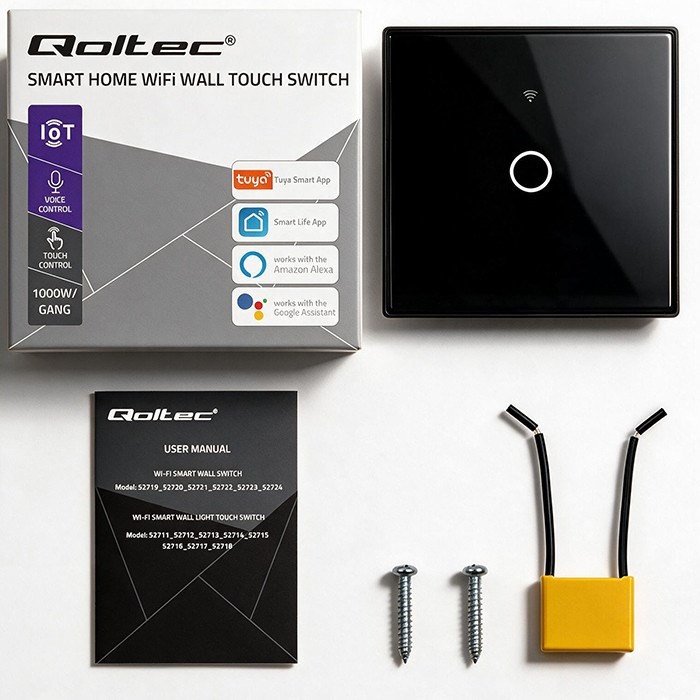 QOLTEC WŁĄCZNIK/WYŁĄCZNIK ŚWIATŁA | DOTYKOWY 1-KANAŁOWY | WI-FI | TIMER | TUYA | CZARNY