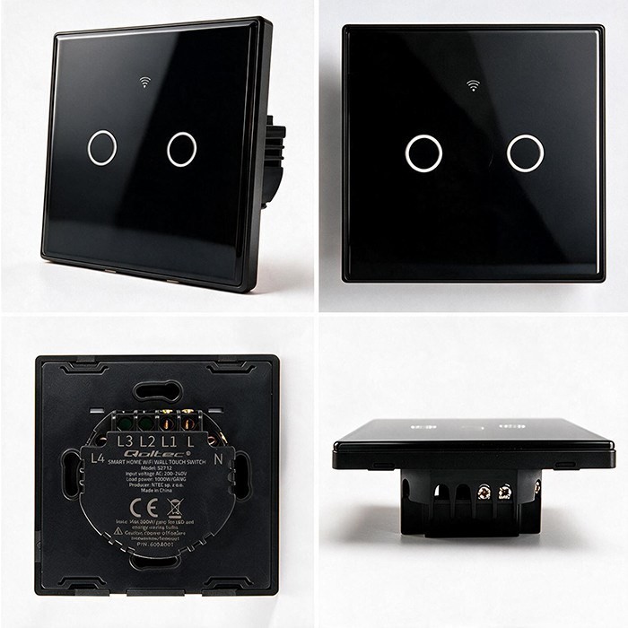 QOLTEC WŁĄCZNIK/WYŁĄCZNIK ŚWIATŁA | DOTYKOWY 2-KANAŁOWY | WI-FI | TIMER | TUYA | CZARNY