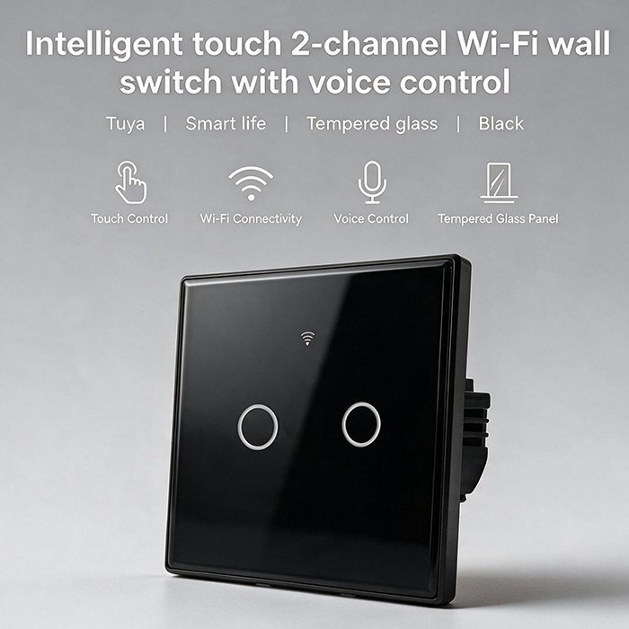 QOLTEC WŁĄCZNIK/WYŁĄCZNIK ŚWIATŁA | DOTYKOWY 2-KANAŁOWY | WI-FI | TIMER | TUYA | CZARNY
