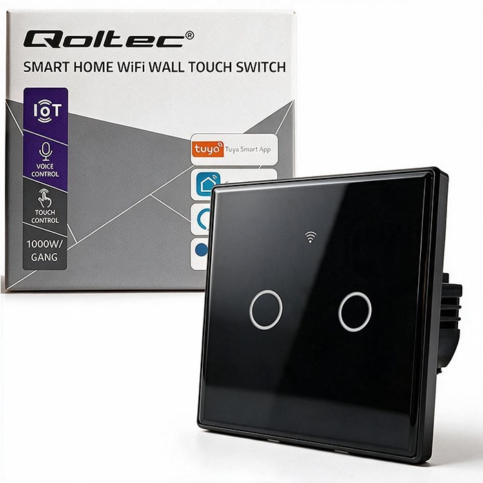 QOLTEC WŁĄCZNIK/WYŁĄCZNIK ŚWIATŁA | DOTYKOWY 2-KANAŁOWY | WI-FI | TIMER | TUYA | CZARNY
