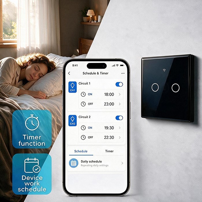 QOLTEC WŁĄCZNIK/WYŁĄCZNIK ŚWIATŁA | DOTYKOWY 2-KANAŁOWY | WI-FI | TIMER | TUYA | CZARNY