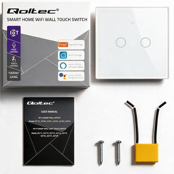 QOLTEC WŁĄCZNIK/WYŁĄCZNIK ŚWIATŁA | DOTYKOWY 2-KANAŁOWY | WI-FI | TIMER | TUYA | BIAŁY