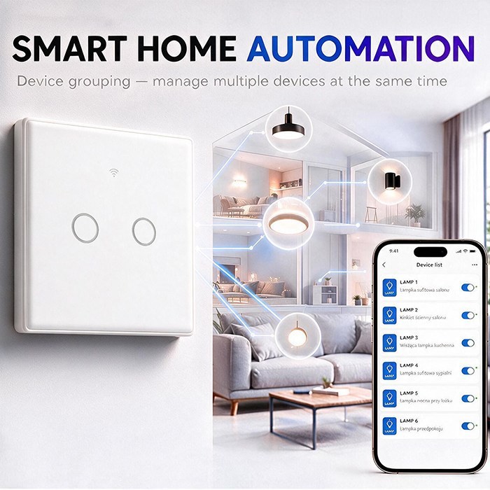 QOLTEC WŁĄCZNIK/WYŁĄCZNIK ŚWIATŁA | DOTYKOWY 2-KANAŁOWY | WI-FI | TIMER | TUYA | BIAŁY