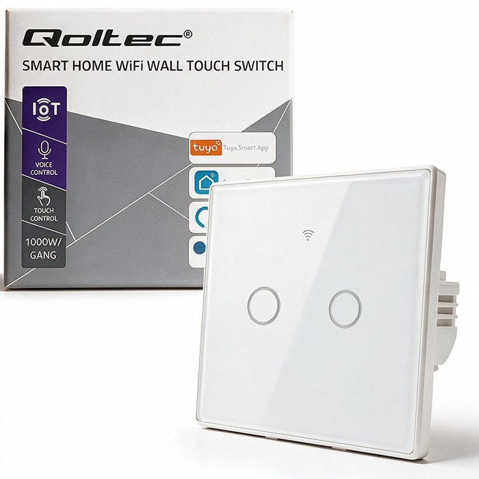 QOLTEC WŁĄCZNIK/WYŁĄCZNIK ŚWIATŁA | DOTYKOWY 2-KANAŁOWY | WI-FI | TIMER | TUYA | BIAŁY