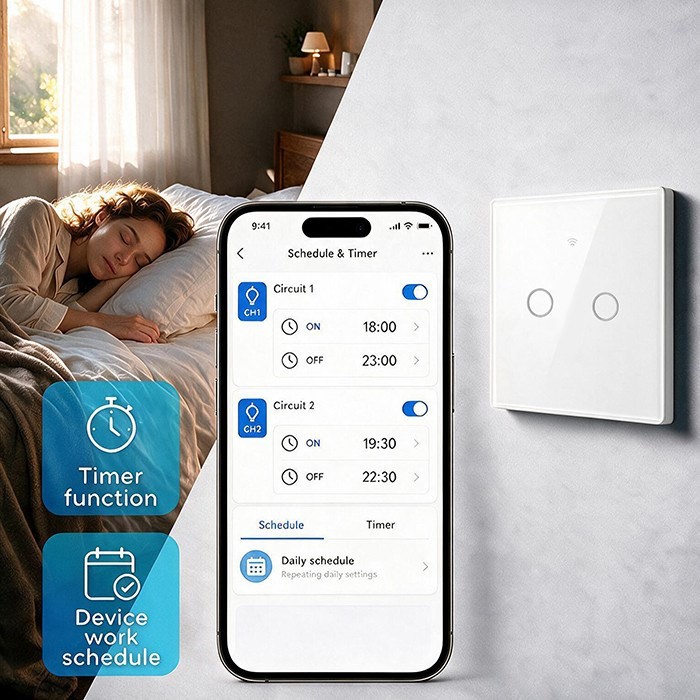 QOLTEC WŁĄCZNIK/WYŁĄCZNIK ŚWIATŁA | DOTYKOWY 2-KANAŁOWY | WI-FI | TIMER | TUYA | BIAŁY
