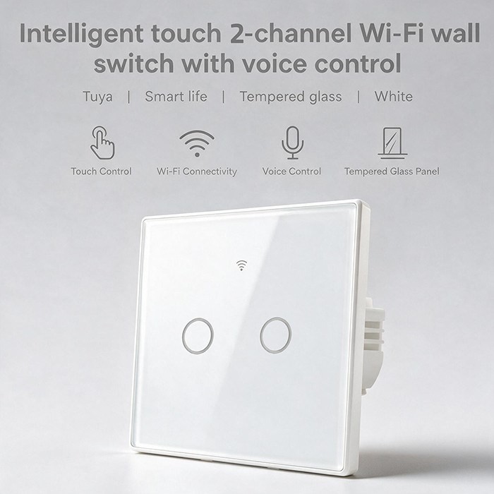 QOLTEC WŁĄCZNIK/WYŁĄCZNIK ŚWIATŁA | DOTYKOWY 2-KANAŁOWY | WI-FI | TIMER | TUYA | BIAŁY