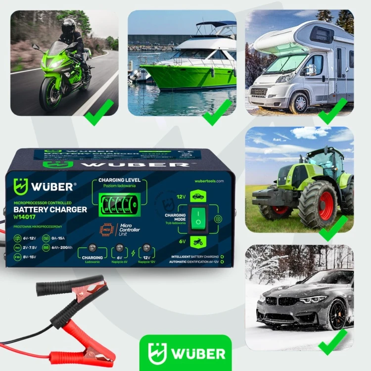 Prostownik mikroprocesorowy 6-12V 15A + ładowarka do akumulatora W14017 WUBER