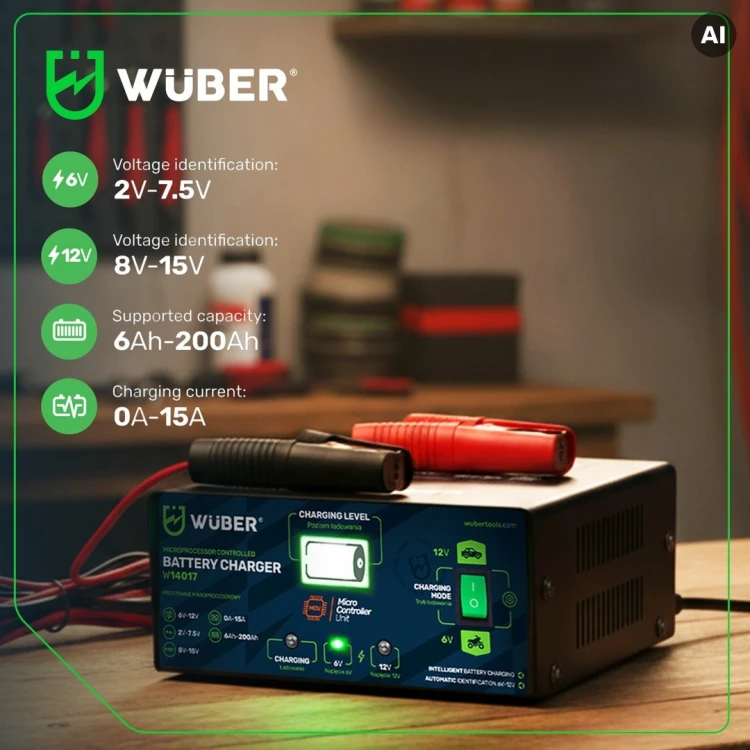 Prostownik mikroprocesorowy 6-12V 15A + ładowarka do akumulatora W14017 WUBER
