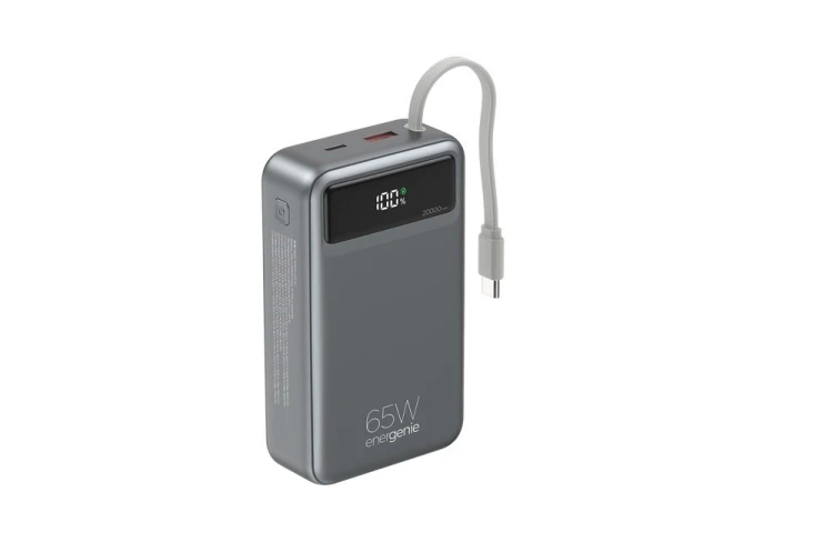 Gembird PB20-PD65-LCD-01 Powerbank 65W, szybkie ładowanie, zintegrowane kable, 20000 mAh, czarny