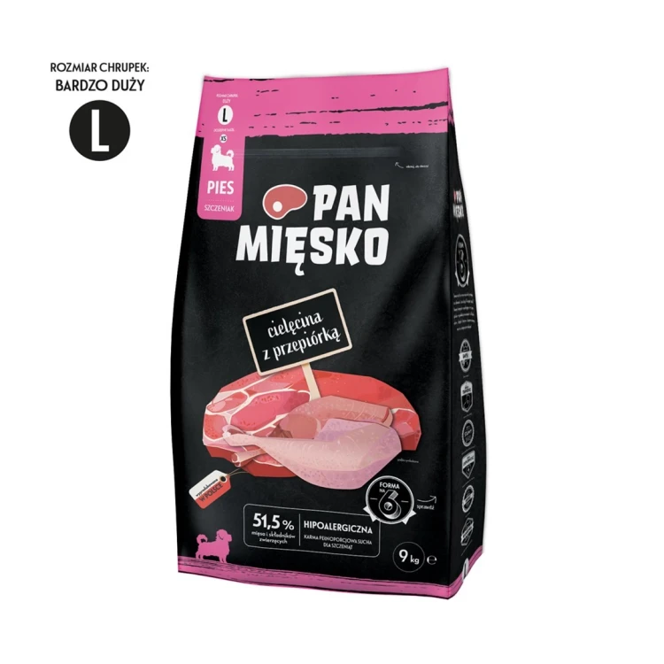 PAN MIĘSKO Cielęcina z przepiórką L - sucha karma dla szczeniąt - 9kg